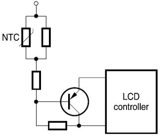 LCD の温度検出器として NTC のサーミスターを使用して液晶表示装置の温度修正回路